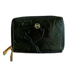 Valentina | Zippered Black Tooled Leather Wallet Gold Hardware Made in Italy
